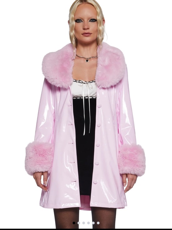 Sugar Thrillz Jackets & Blazers - Sugar Thrillz Pastel Pink Vinyl Trench Coat with Faux-Fur Trim